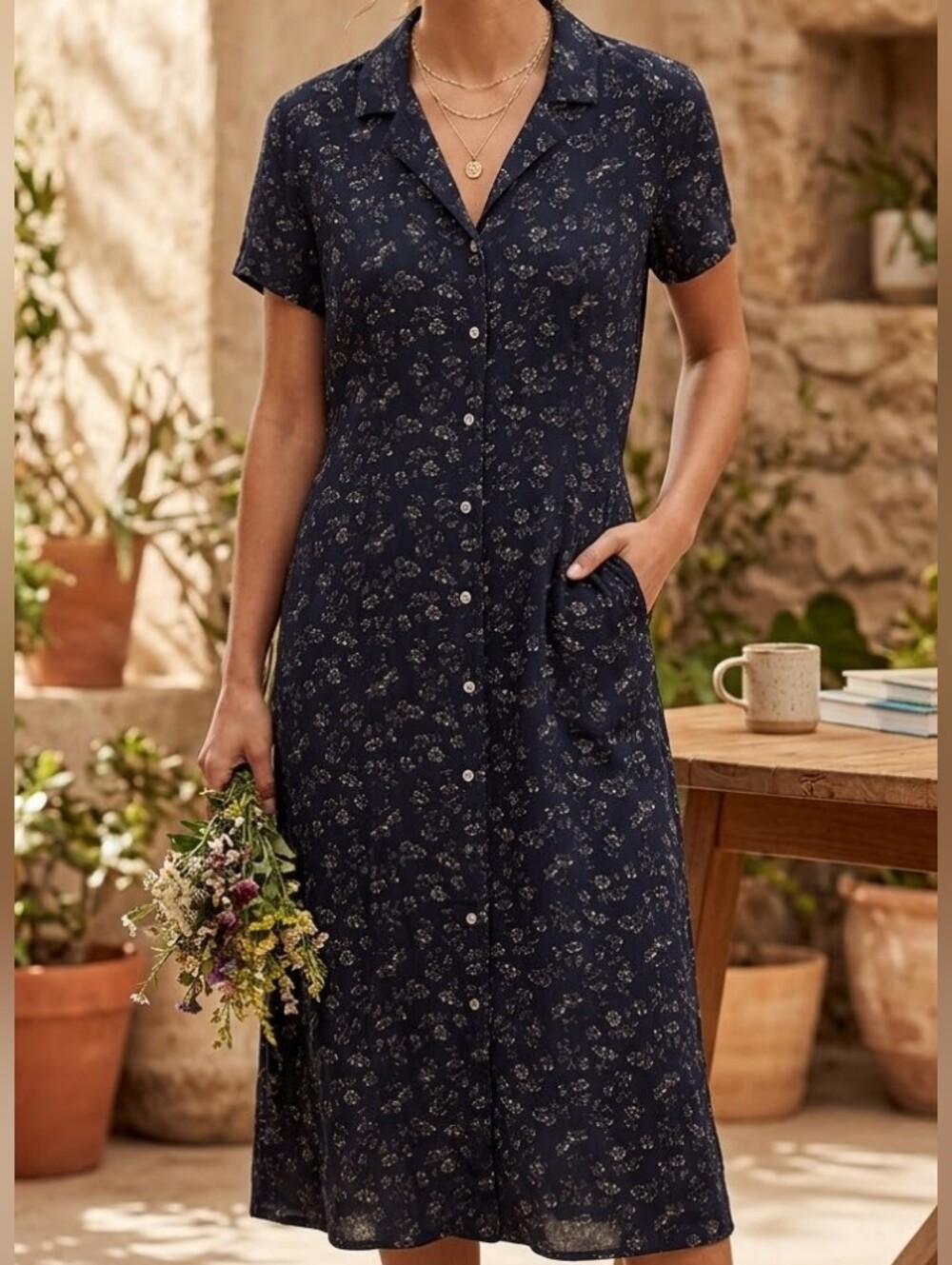 GAP Navy Floral Short-Sleeve Button-Down Midi Bohemian Romantic Fall Dress